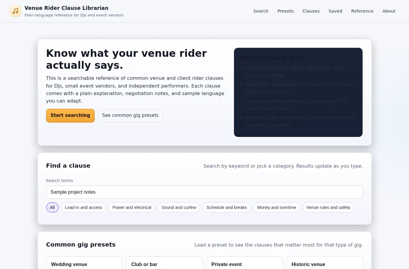 Screenshot of Venue Rider Clause Librarian interface showing the project page in use